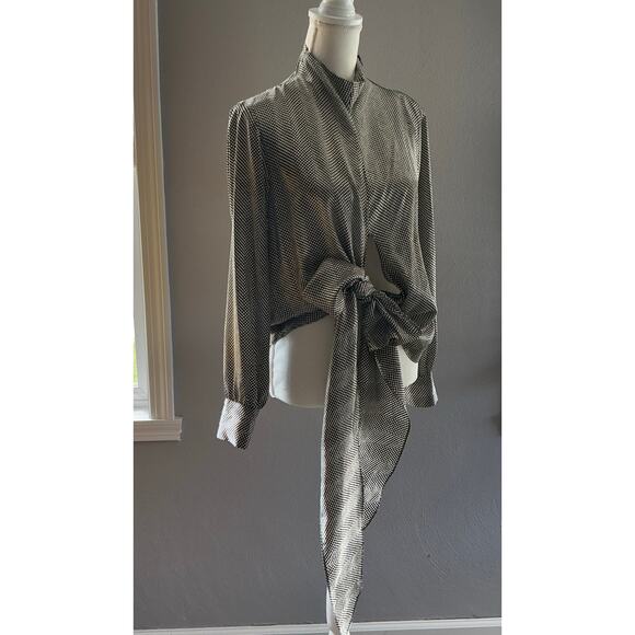 The Look Randolph Duke Vintage Long Sleeve High Collar Tie Front Blouse Women 10 - Picture 2 of 12